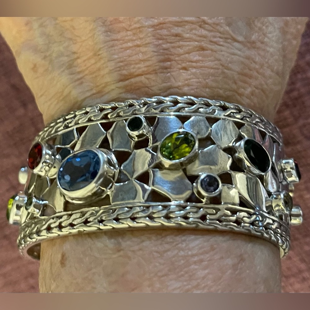 Bali Silver Cuff Bracelet with Precious Stones